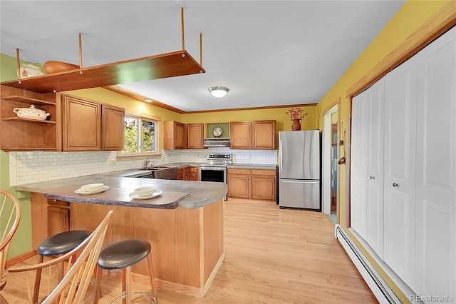 kitchen featuring stainless steel appliances, a baseboard heating unit, kitchen peninsula, light hardwood / wood-style floors, and decorative backsplash