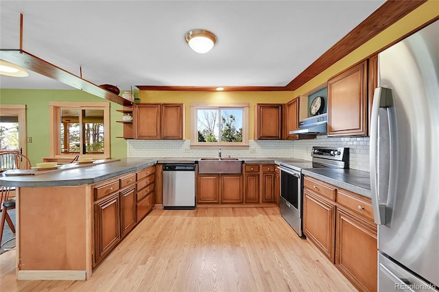 kitchen featuring a wealth of natural light, kitchen peninsula, sink, and appliances with stainless steel finishes