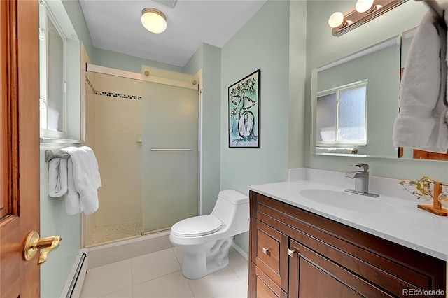 bathroom with vanity, tile patterned floors, toilet, walk in shower, and a baseboard radiator