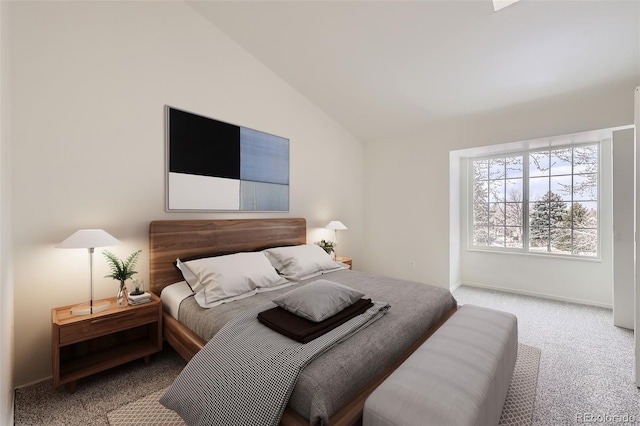 bedroom featuring lofted ceiling and light colored carpet