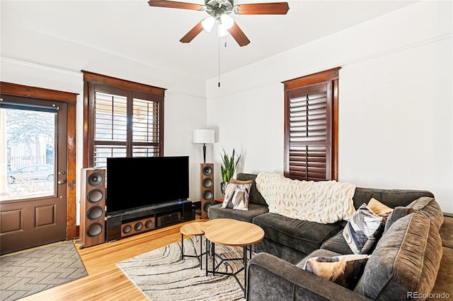 living room featuring ceiling fan and wood-type flooring