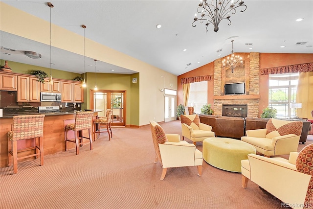 4027 E 98th Pl, Thornton, CO 80229 - living room featuring light carpet, a chandelier, a fireplace, recessed lighting, and high vaulted ceiling