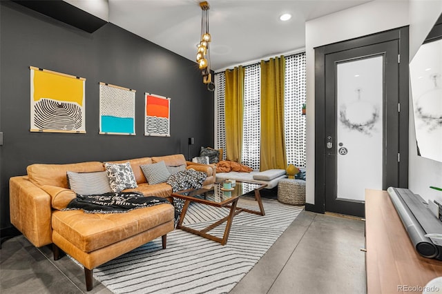 living room with concrete floors