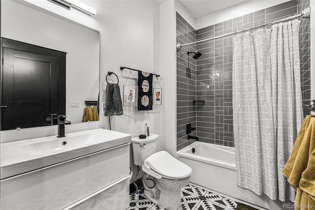 full bathroom with tile patterned flooring, shower / bath combination with curtain, vanity, and toilet