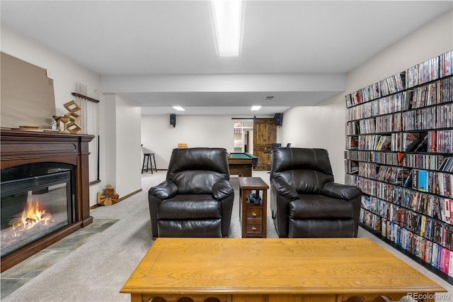 9960 Garland Ln, Broomfield, CO 80021 - living room with carpet, a fireplace with flush hearth, and billiards
