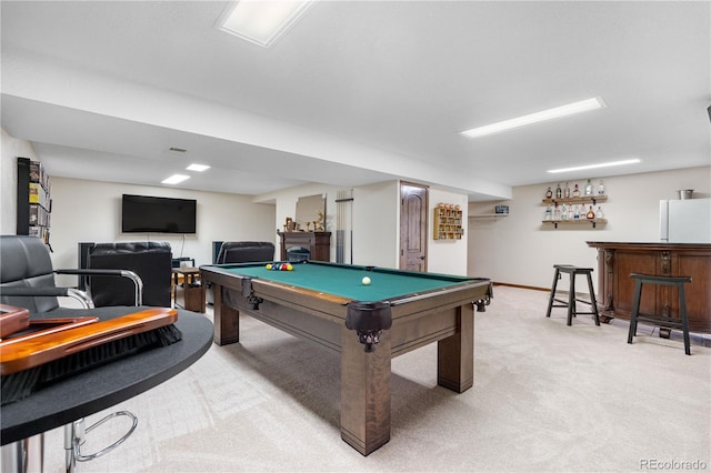 9960 Garland Ln, Broomfield, CO 80021 - recreation room with light colored carpet, a bar, billiards, and baseboards