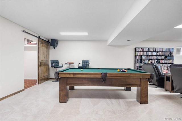 9960 Garland Ln, Broomfield, CO 80021 - game room featuring light carpet, a barn door, pool table, and baseboards