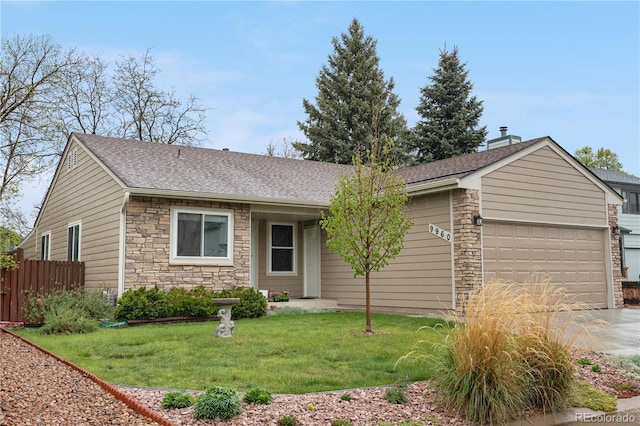 9960 Garland Ln, Broomfield, CO 80021 - single story home featuring stone siding, an attached garage, driveway, roof with shingles, and a chimney