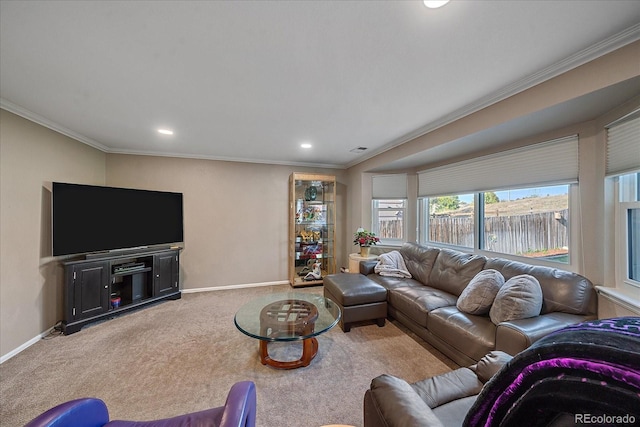 carpeted living room featuring ornamental molding