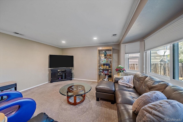 living room featuring light carpet and ornamental molding