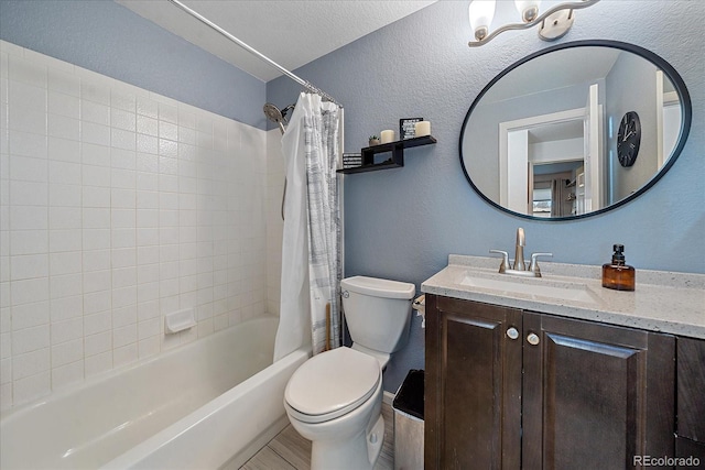 full bathroom with vanity, toilet, and shower / bathtub combination with curtain