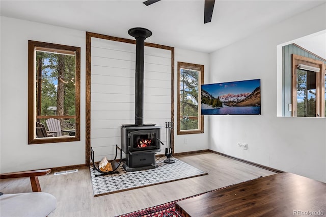 living room featuring a wood stove, plenty of natural light, and light hardwood / wood-style floors