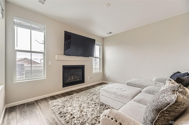 living room with a glass covered fireplace, baseboards, and wood finished floors