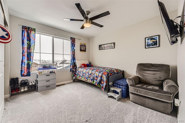 bedroom with visible vents, ceiling fan, and carpet