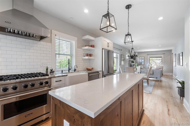 401 S Williams St, Denver, CO 80209 - kitchen featuring high quality appliances, wall chimney exhaust hood, open shelves, open floor plan, and light wood-style floors