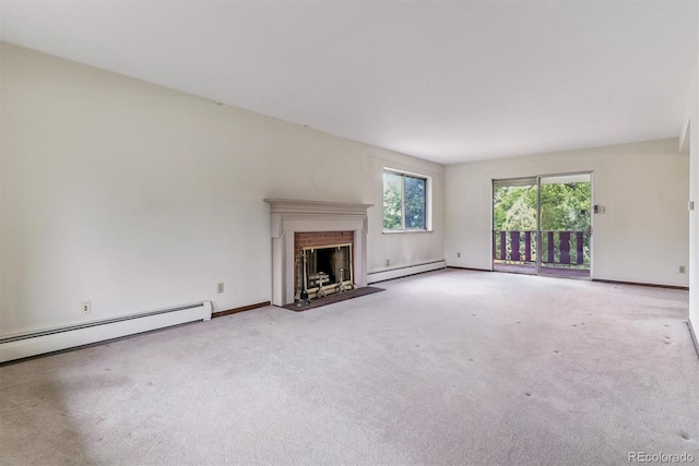 9 Rangeview Dr, Wheat Ridge, CO 80215 - unfurnished living room featuring a baseboard radiator, carpet flooring, and a fireplace with flush hearth