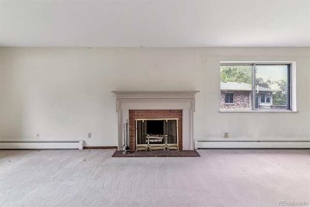 9 Rangeview Dr, Wheat Ridge, CO 80215 - unfurnished living room featuring a baseboard heating unit, carpet, and a fireplace