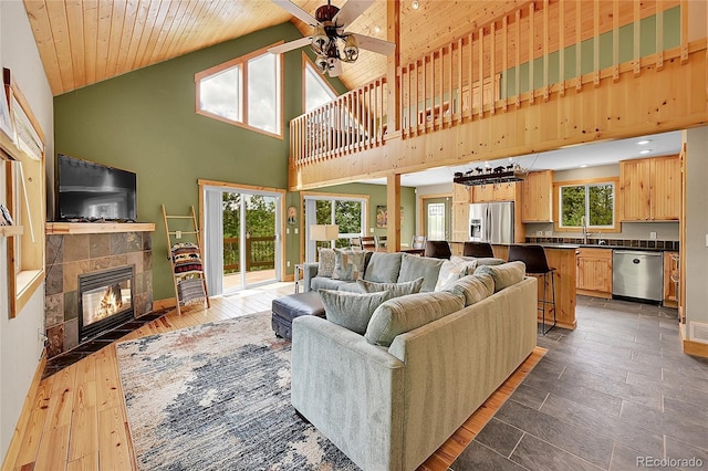 10436 Jeanette Ct, Morrison, CO 80465 - living room featuring ceiling fan, high vaulted ceiling, a fireplace, and wood ceiling