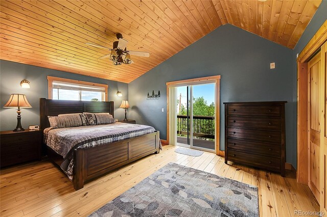 10436 Jeanette Ct, Morrison, CO 80465 - bedroom with access to outside, lofted ceiling, wood ceiling, hardwood / wood-style flooring, and a ceiling fan