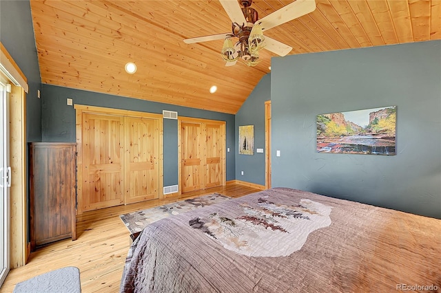 10436 Jeanette Ct, Morrison, CO 80465 - bedroom with lofted ceiling, wood ceiling, wood finished floors, multiple closets, and ceiling fan