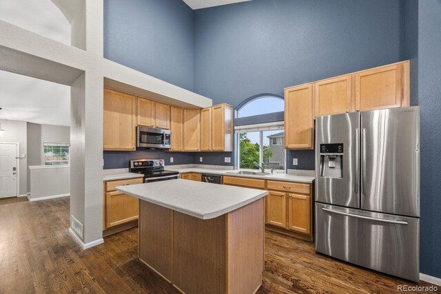 5796 E 129th Pl, Thornton, CO 80602 - kitchen featuring appliances with stainless steel finishes, a towering ceiling, light countertops, dark wood-style floors, and plenty of natural light