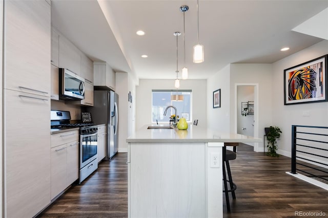 5630 W 11th Pl, Lakewood, CO 80214 - kitchen with appliances with stainless steel finishes, a sink, modern cabinets, a kitchen breakfast bar, and a kitchen island with sink