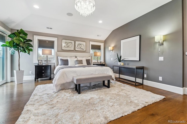 2600 S Adams St, Denver, CO 80210 - bedroom featuring lofted ceiling, dark wood-type flooring, a chandelier, and recessed lighting