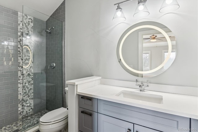 2600 S Adams St, Denver, CO 80210 - full bathroom with a ceiling fan, vanity, a shower stall, and vaulted ceiling