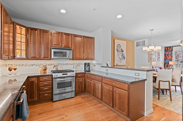 kitchen featuring light wood-type flooring, kitchen peninsula, hanging light fixtures, stainless steel appliances, and backsplash