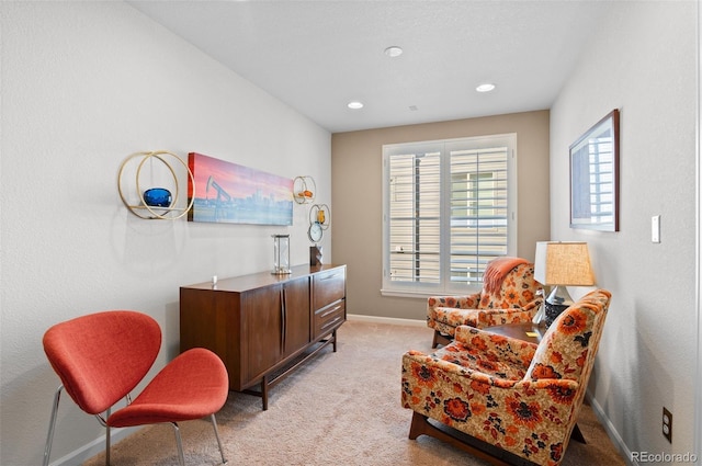 sitting room featuring light carpet