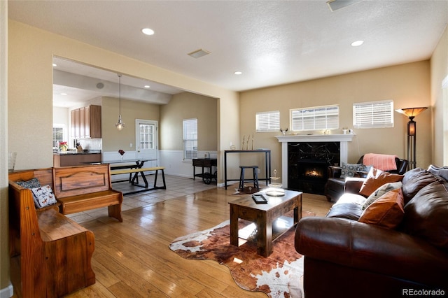 living room with a premium fireplace and light wood-type flooring