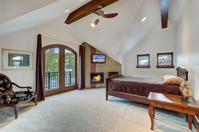 bedroom featuring light carpet, vaulted ceiling with beams, access to outside, and french doors