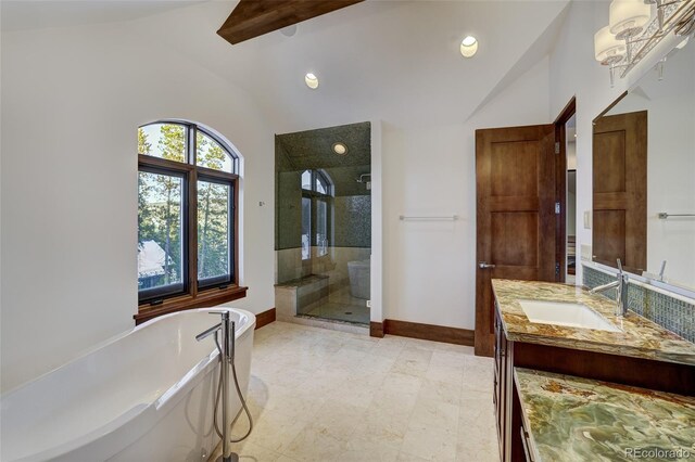 bathroom featuring vanity, separate shower and tub, and high vaulted ceiling