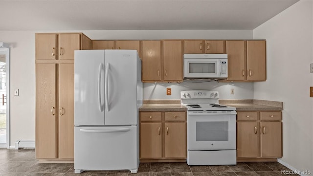 kitchen featuring a baseboard heating unit, white appliances, and baseboards