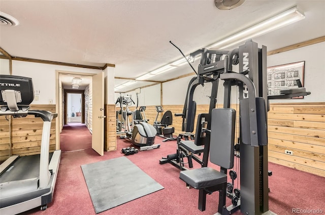 gym featuring wainscoting, wooden walls, visible vents, and carpet