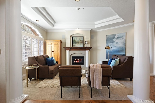 living room featuring decorative columns, a raised ceiling, and crown molding