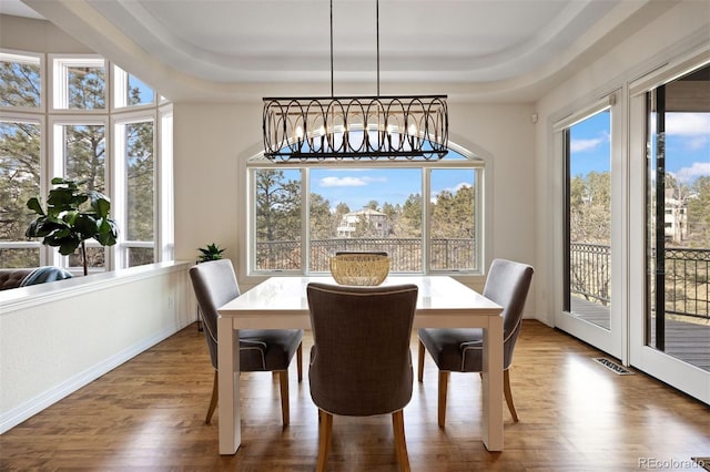 dining space with wood-type flooring and a tray ceiling