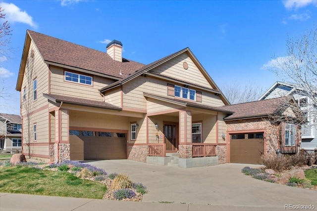 4236 Frederick Cir, Longmont, CO 80503 - craftsman-style house featuring stone siding, covered porch, driveway, a chimney, and a garage