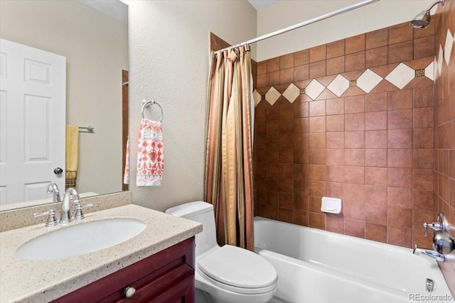 4236 Frederick Cir, Longmont, CO 80503 - bathroom with toilet, shower / bath combo with shower curtain, vanity, and a textured wall
