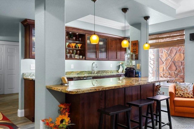4236 Frederick Cir, Longmont, CO 80503 - indoor wet bar featuring crown molding, pendant lighting, wood finished floors, and stainless steel dishwasher
