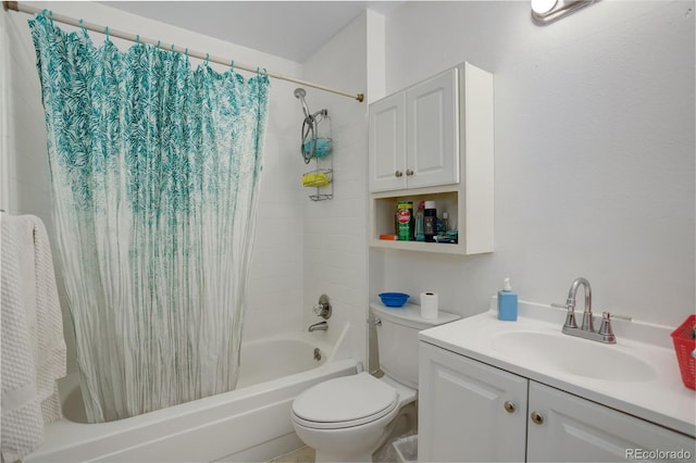 full bathroom featuring vanity, shower / bath combination with curtain, and toilet