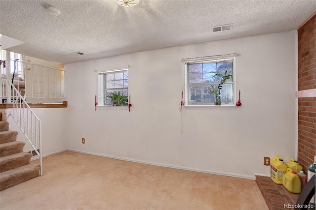 basement with plenty of natural light, light colored carpet, and a textured ceiling