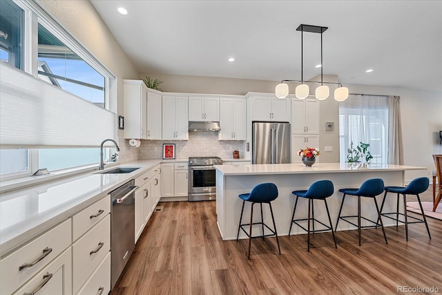 kitchen featuring a breakfast bar area, wood finished floors, a sink, under cabinet range hood, and appliances with stainless steel finishes