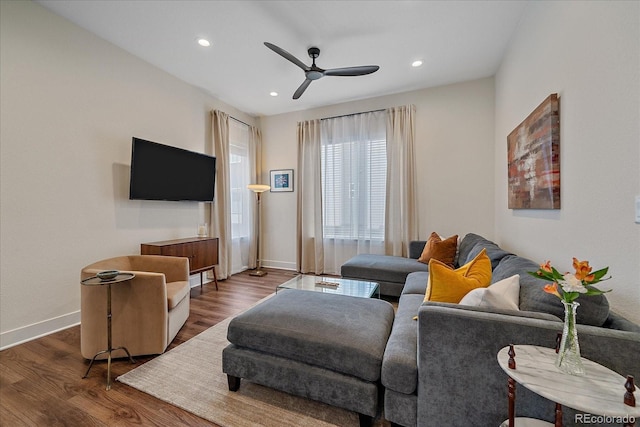 5189 Vivian St, Wheat Ridge, CO 80033 - living area featuring wood finished floors, ceiling fan, and recessed lighting