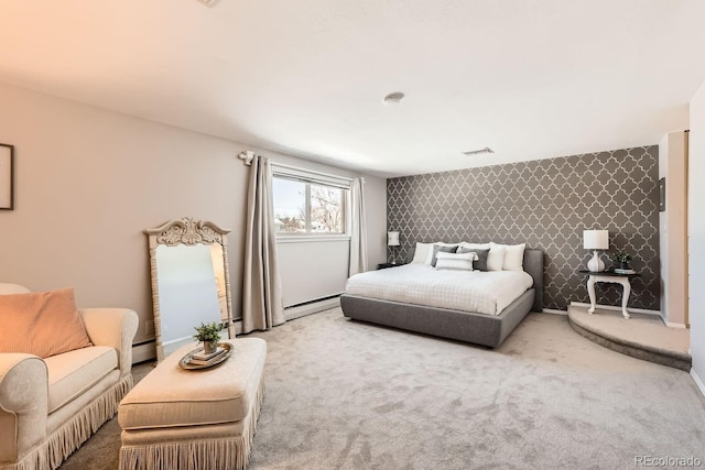 carpeted bedroom featuring an accent wall, a baseboard radiator, visible vents, and wallpapered walls