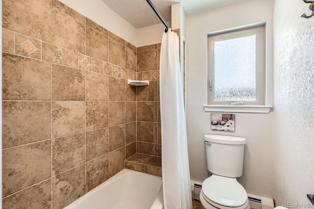 bathroom with a baseboard heating unit, shower / tub combo, and toilet