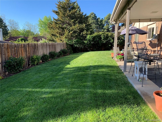 view of yard featuring a patio and a fenced backyard