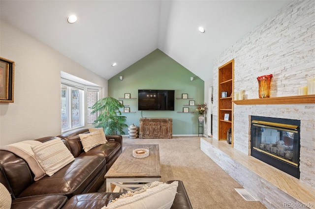 living room featuring visible vents, recessed lighting, carpet floors, a stone fireplace, and vaulted ceiling