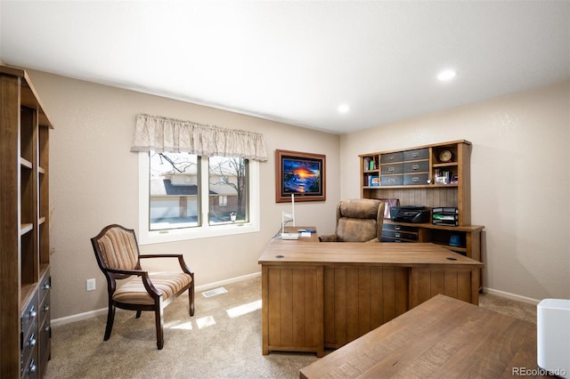 office space featuring recessed lighting, visible vents, light colored carpet, and baseboards