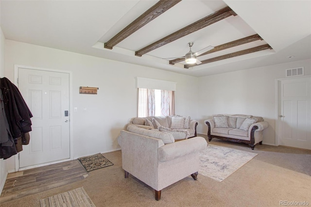 62069 Jade Rd, Montrose, CO 81401 - carpeted living room with ceiling fan and beam ceiling